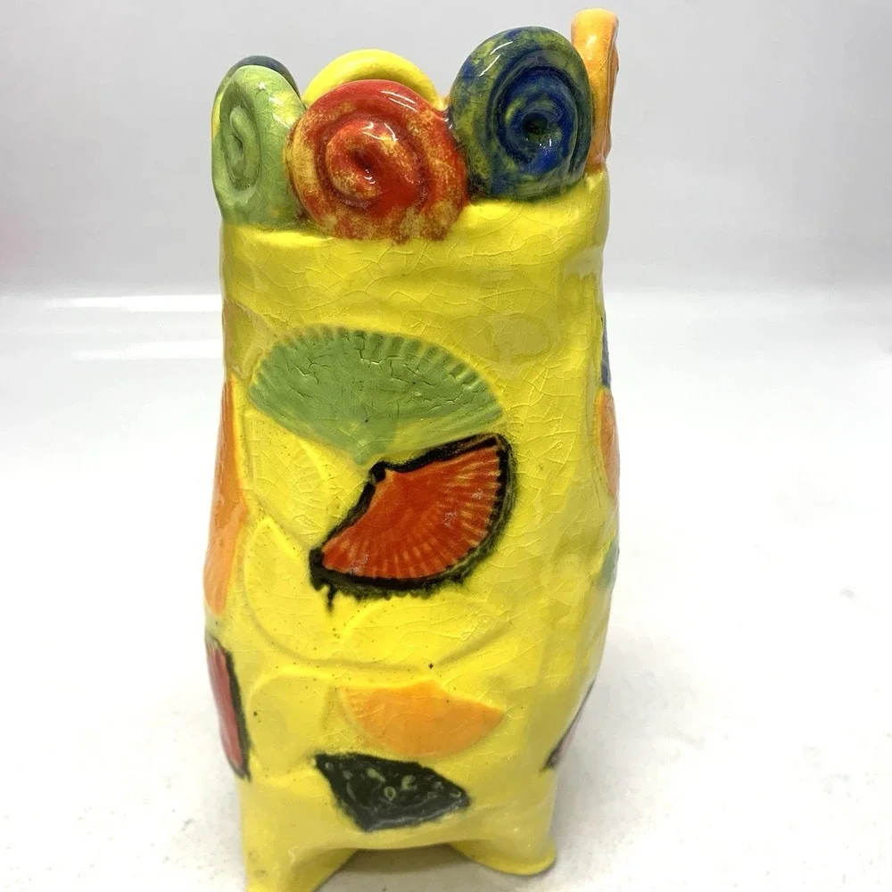 Art Pottery Vase Colorful Seashells Scallop Edge‎ Hand Made Yellow Red